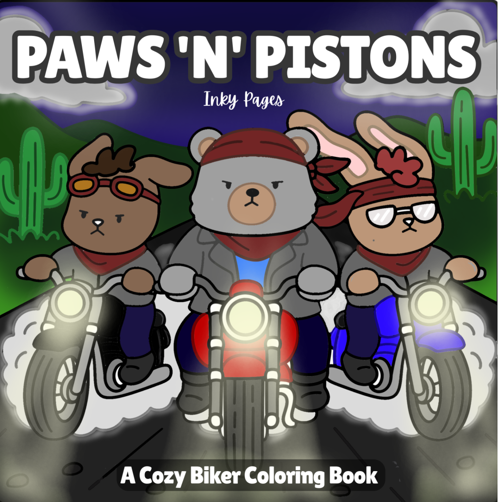 Cover of the "Paws n' Pistons" coloring book featuring playful animals and automotive themes in vibrant colors.